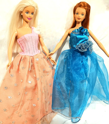 2 Vintage 90s BARBIE DOLLS~REDHEAD & BLONDE in HANDMADE DRESSES /GOWNS ~ NEW/EUC