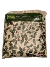 Holiday Time Tablecloth CHRISTMAS Holly Leaf Berry Vinyl 60 X 84