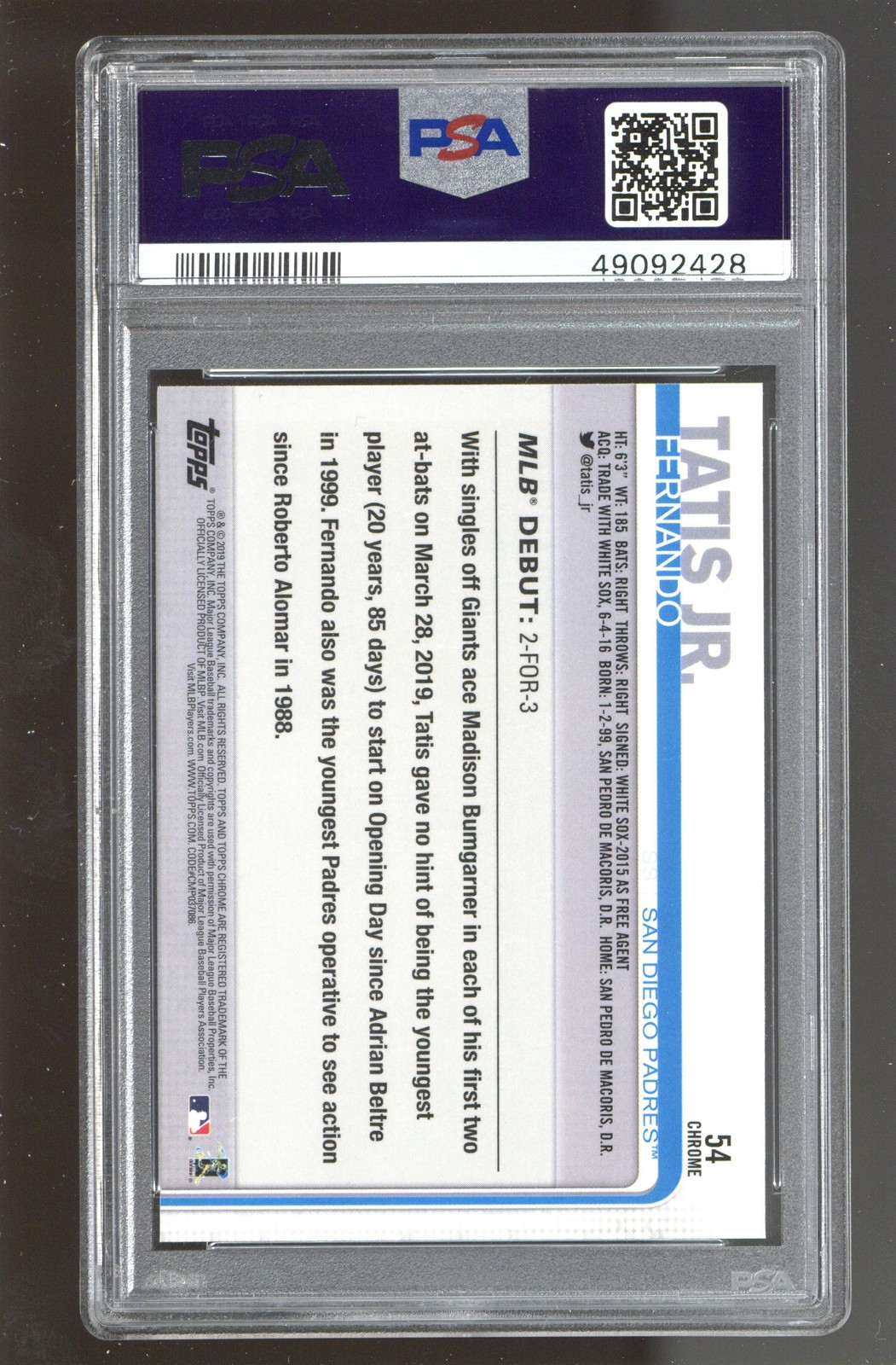 2019 Topps Chrome Update #54 Fernando Tatis Jr. PSA 9 ROOKIE RC view 2