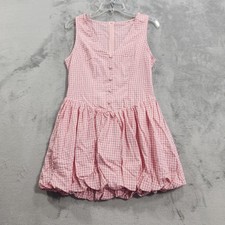 NEW Cider Dress Womens M Pink Gingham Bubble Hem Sleeveless V-Neck Mini Sundress