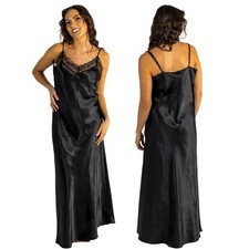 Long Full Length Black Sexy Silky Satin Lace Chemise Nightie Negligee Size 22