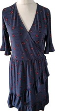 Wearhouse Dress Cute Faux Wrap Navy Polka Dot And Red Lips Print Uk 14 Bnwt
