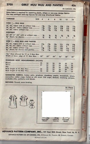 Abito e mutandine Muu Muu bambina vintage Advance 2705 modello cucito taglia 12 - Foto 2 di 2