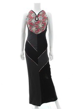 Roland Mouret Flower-Embroidered Velvet-Panelled Sleeveless Gown / Black