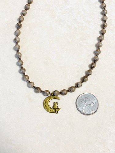 Cute Bronze Cat on the Moon Pendant + Brown Agate Beaded Necklace - Picture 6 of 8