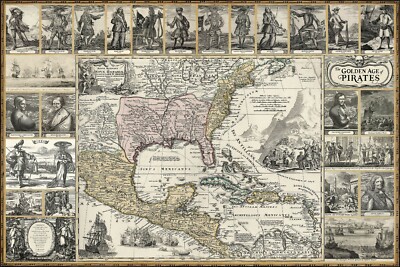 PIRATE MAP POSTER Vintage Art, flags, ships, treasure, women, history, Caribbean