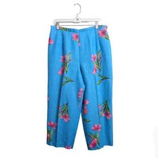 Talbots Petites 100 Linen Blue Floral Pants High Rise Side Zipper Lined 14P