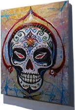 SKULL MASK OIL█PAINTING REALISM ART█VINTAGE ORIGINAL█DAY OF THE DEAD SKELETON NA