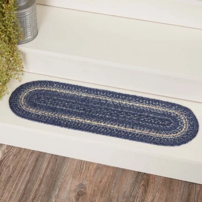 VHC BRANDS Great Falls Jute 8.5x27 Stair Tread Oval 8.5x27 Latex Indigo Powder Blue Country