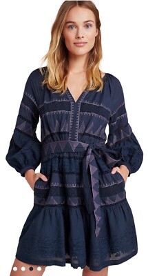 Anthropologie Bue Skye Embroidered Mini Dress Belted Peasant Puff Sleeves  1X | eBay