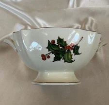 Teleflora Footed Bowl Christmas Holly Berry W/Handles Gold Trim Trinket Vase