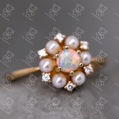 18 Karat Gelbgold Verlobungsring mit australischem massivem Opal, Perlen, Diamanten