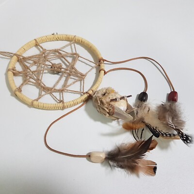 Traumfänger handgefertigt Leder echte Feder Eule Vogel 17cm Perle Mineral Indianer