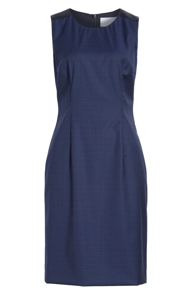 HUGO BOSS Navy Blue Plaid Satin Shoulder Trim DRISTIE Wool Sheath Dress 8 Petite - Image 3 of 4