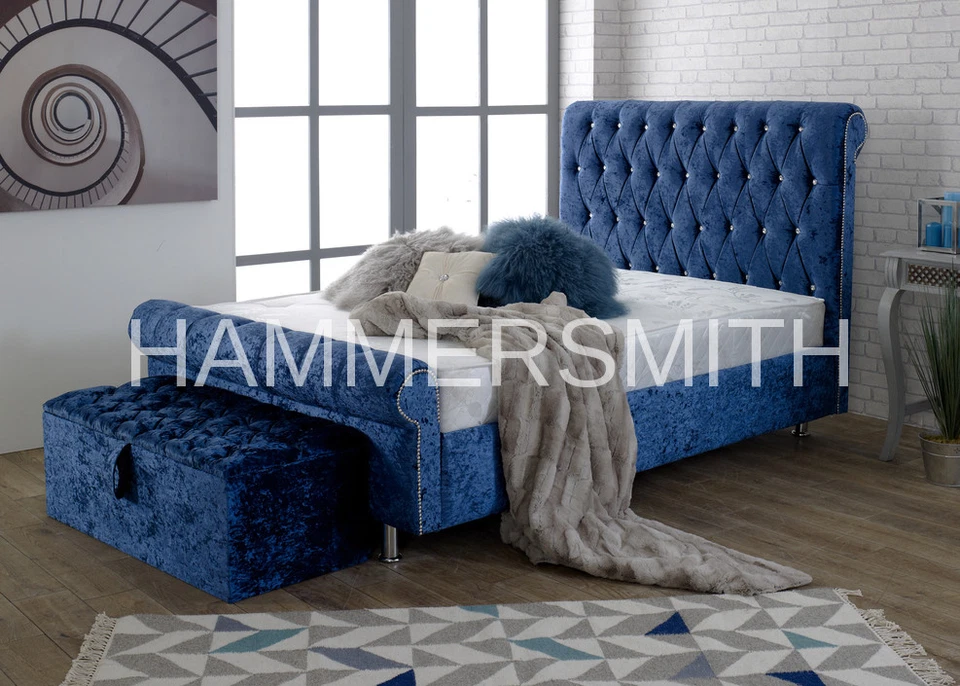 Stylish Design Sleigh Bed Frame Upholstered Chesterfield in Crushed Velvet Bed