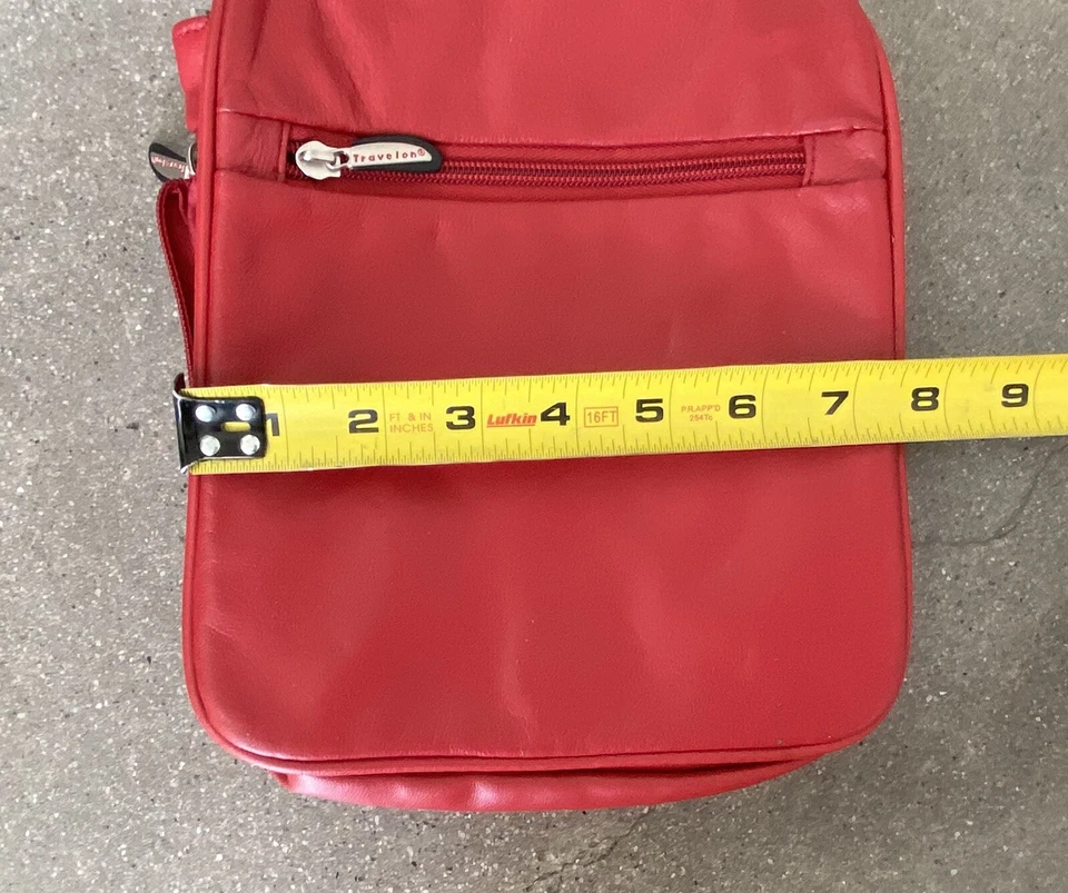 Travelon red leather cross body travel bag multiple pockets adjustable strap - Image 4 of 4
