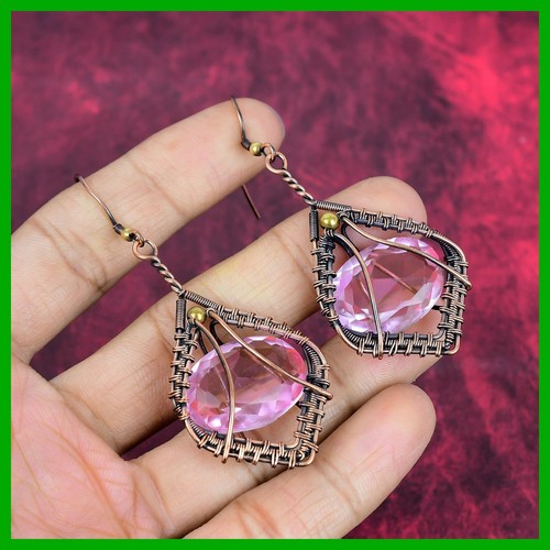 Copper Natural Pink Kunzite Boho Drop Dangle Hook Wire Wrapped Earrings Jewelry - Picture 1 of 6