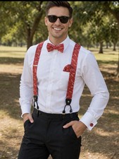 NWOT Men  s Christmas Suspenders Candy Cane Bowtie, Pocket Square, Cuff Links
