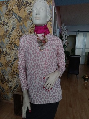 strick Pullover for friends only rosa pastell leoprint Wolle Kaschmir neu XL 40