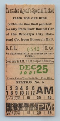 B.C.R.R. 25. Dezember 1921 Park Row Borough Hall Station Nr. 5 NYC Weihnachtstransfer