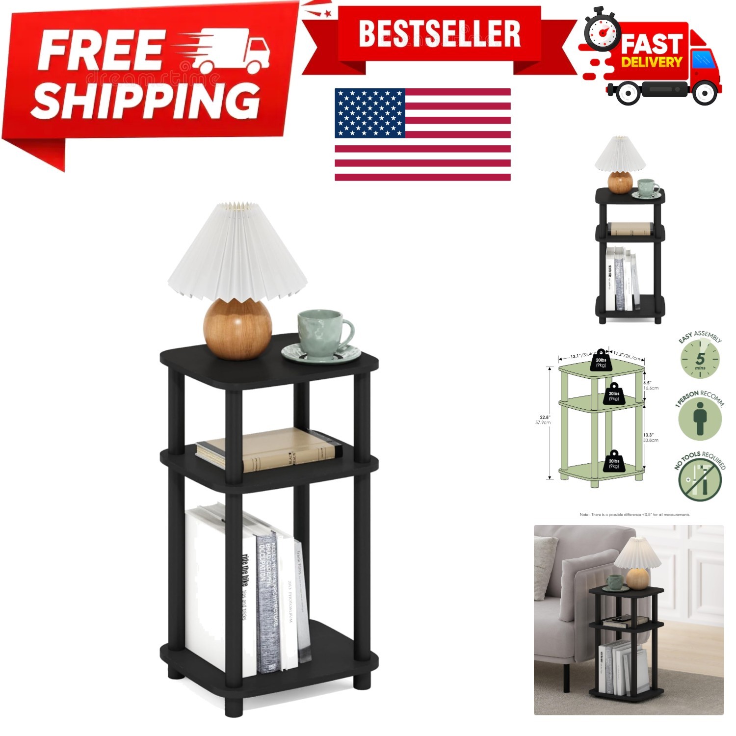 JUST Side Table, 3-Tier Turn-N-Tube End Table with Open Shelf, Round Curve Co...