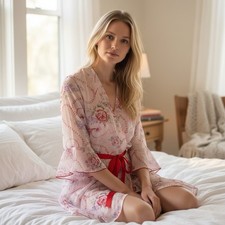 Vtg Secret Treasures Ladies M Robe/Gown Set Pink Floral Chiffon Chemise