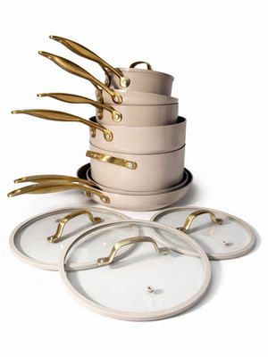 GreenPan Non-Stick Beige & Gold 11-Piece Pan Set with Glass Lids & Gold Handles