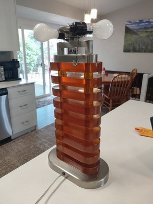 Stacked Amber Chrome Lucite Lamp Colour Creations Designer Tania Bricel READ 80s