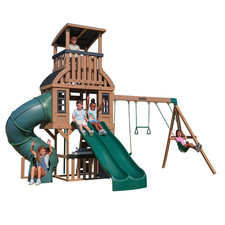 Backyard Wooden Swing Set Playset w 3 Slides Rock Wall Swings Playhouse KidKraft