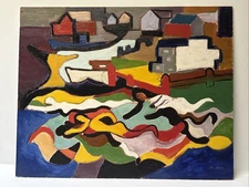 JO CAIN PAINTING BEACH SWIMMERS COAST LANDSCAPE ANTIQUE CUBISM MID CENTURY WPA