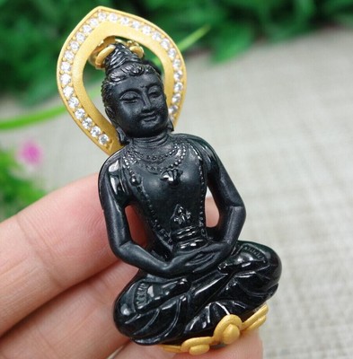 Certified Black green Burma 100% Natural A Jadeite Jade Pendant~GuanYin 墨翠 观音