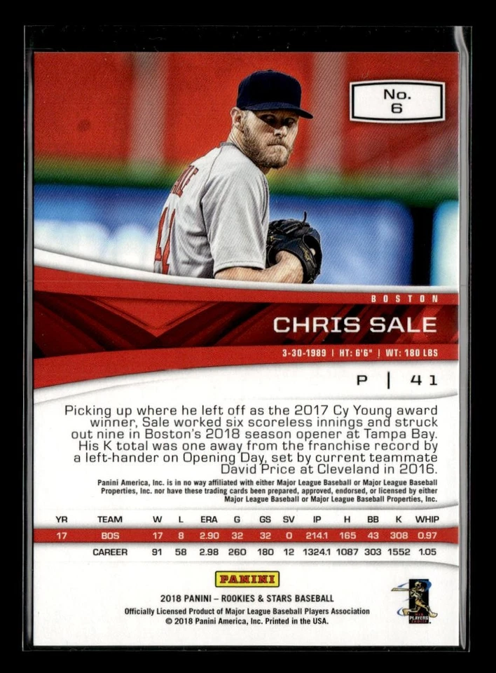 2018 Panini Chronicles #6 Chris Sale Rookies and Stars Holo Silver #/199 - Image 2 of 2