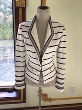 White House Black Market Striped Knit Blazer Black White Fitted Stretch Size 8