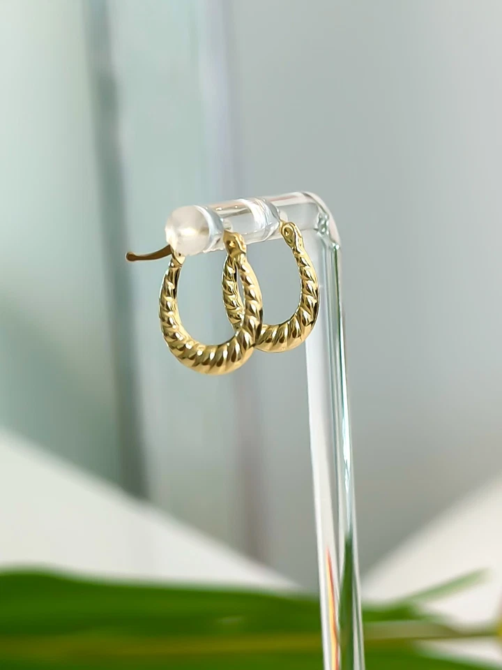 14k Solid Gold Oval Hoops, Mini Croissant Hoops Earrings, Real Gold Earrings - Image 2 of 4