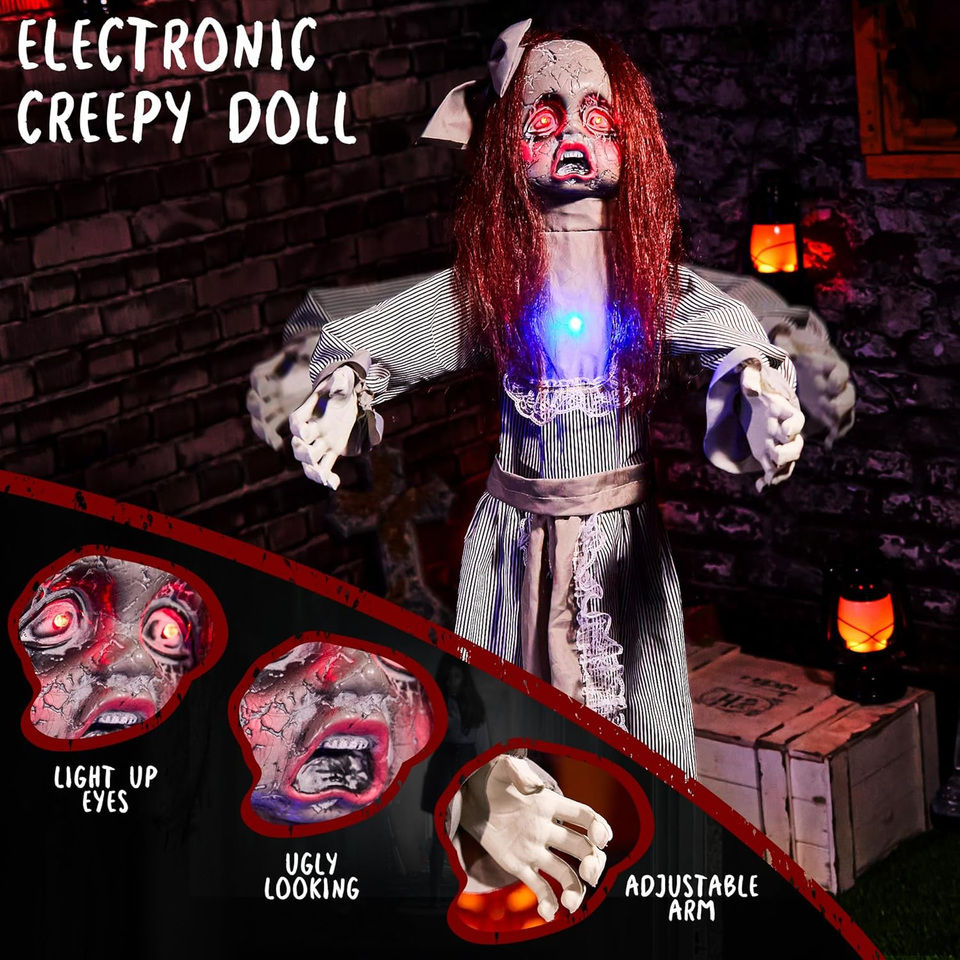 4ft Animated Halloween Doll - Sound Activated Spooky Skull With Glowing Eyes For Outdoor Scares