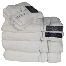 Brooks Brothers 8pc White Cotton Towel Set Stitched Stripe Bath Hand Washcloths