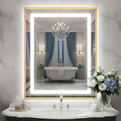 Gold Framed 28x36'' LED Bathroom Mirror with Anti-Fog & Memory Function