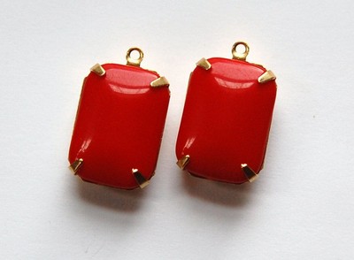 Vintage Red Glass Rectangle Drops 1 Loop Brass Setting 18X13mm squ004C