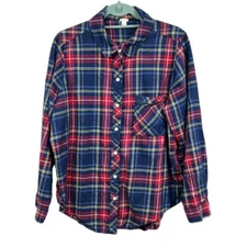 Aerie Womens Plaid Flannel Shirt Blouse Button Long Sleeve Pocket Red Blue Sz M