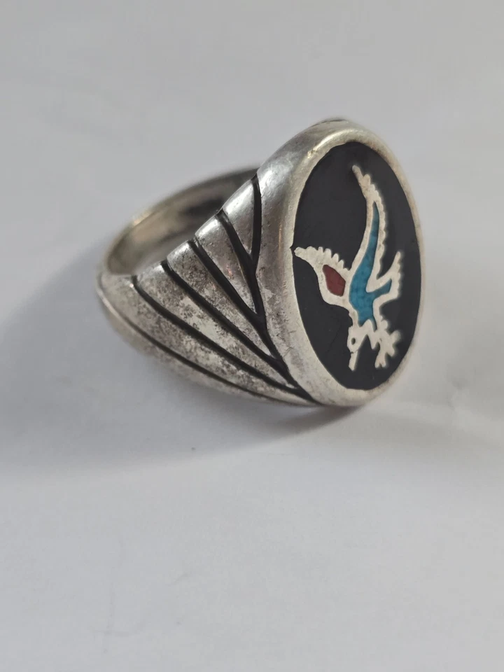 Vintage Hawk Tuah Ring Turquoise Southwestern Inlay Size 10 Signed - Image 3 of 4