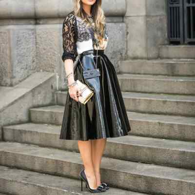 Black Leather Skirt With Black Knee Length A Line Skirt Women Sexy - Main Image