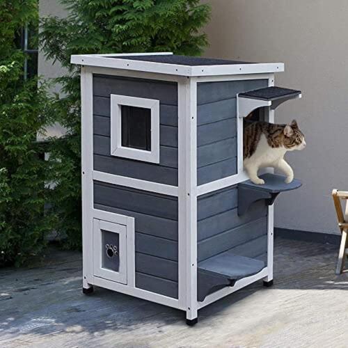 Outdoor Cat House with Escape Door Weatherproof 2-Story Wooden Feral Cat Shelter