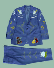 Men Blue 2Pc Customized Guitar Embroidered Western Wedding Cocktail Prom Outfit