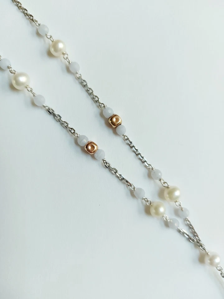 collana in argento 925 con acquamarina, calcedonio e perle bianche - Immagine 3 di 3