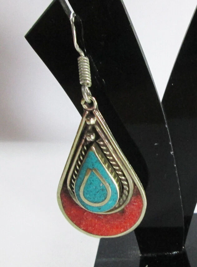 Pendientes Joyería Étnica Tibetana Turquesa Coral Piedras Naturales Pendientes Luz Foto 3 de 4