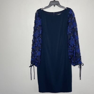 BADGLEY MISCHKA Dress Women 8 Embroidered Long Sleeve Knee Length Navy Blue  | eBay