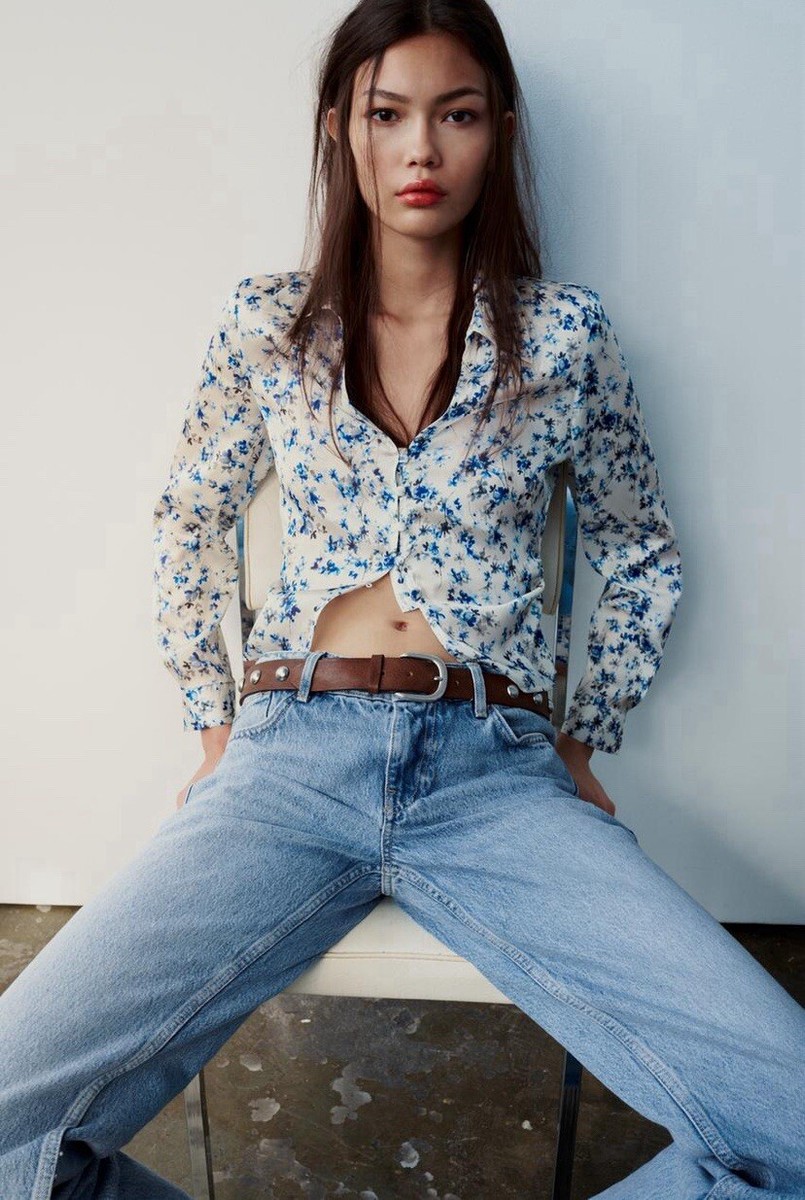 ZARA NEW WOMAN SS24 BLUE WHITE PRINTED FITTED SHIRT REF:2580