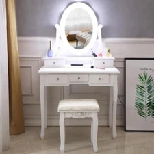 10 LED Lighted Mirror Vanity Table Set Makeup Dressing Desk 5 Drawers Wood