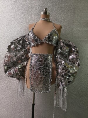 Sexy Shining Silver Glitter Bubble Sleeves Outfit Party Dancer Performance  Suit