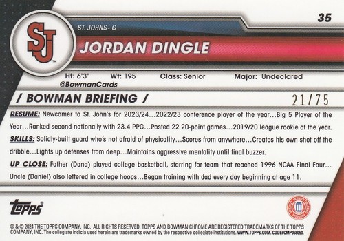 JORDAN DINGLE 2023-24 Bowman University Chrome #35 RC Yellow Refractor, #d 21/75 - Bild 2 von 2